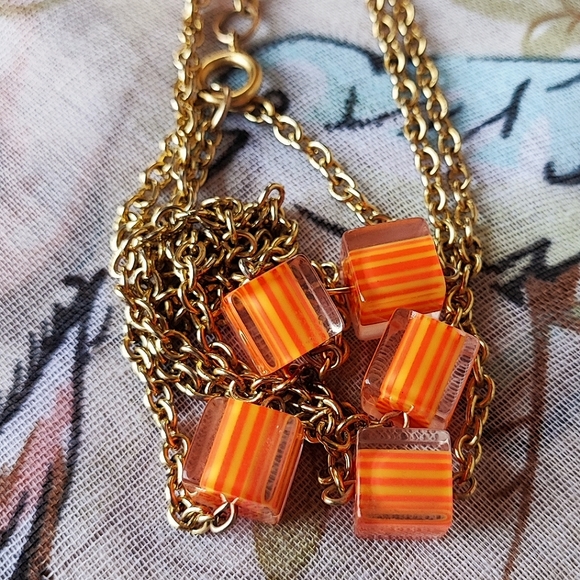 Lucite Ice Cube Orange Square Gold Tone Extra Long Necklace Polymer Millifiore - Picture 3 of 7